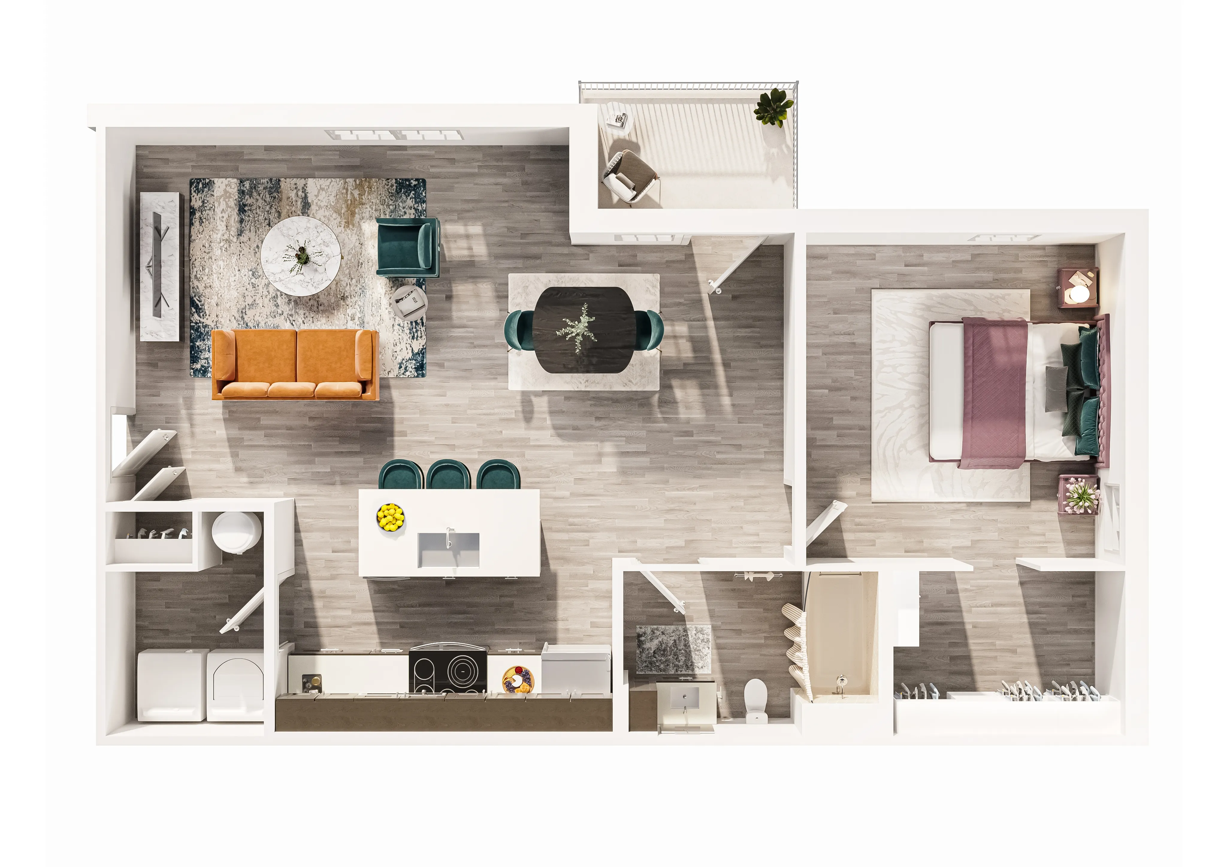 Modern open-concept floor plan featuring a spacious bedroom, stylish kitchen with island seating, cozy living area, and sleek bathroom.