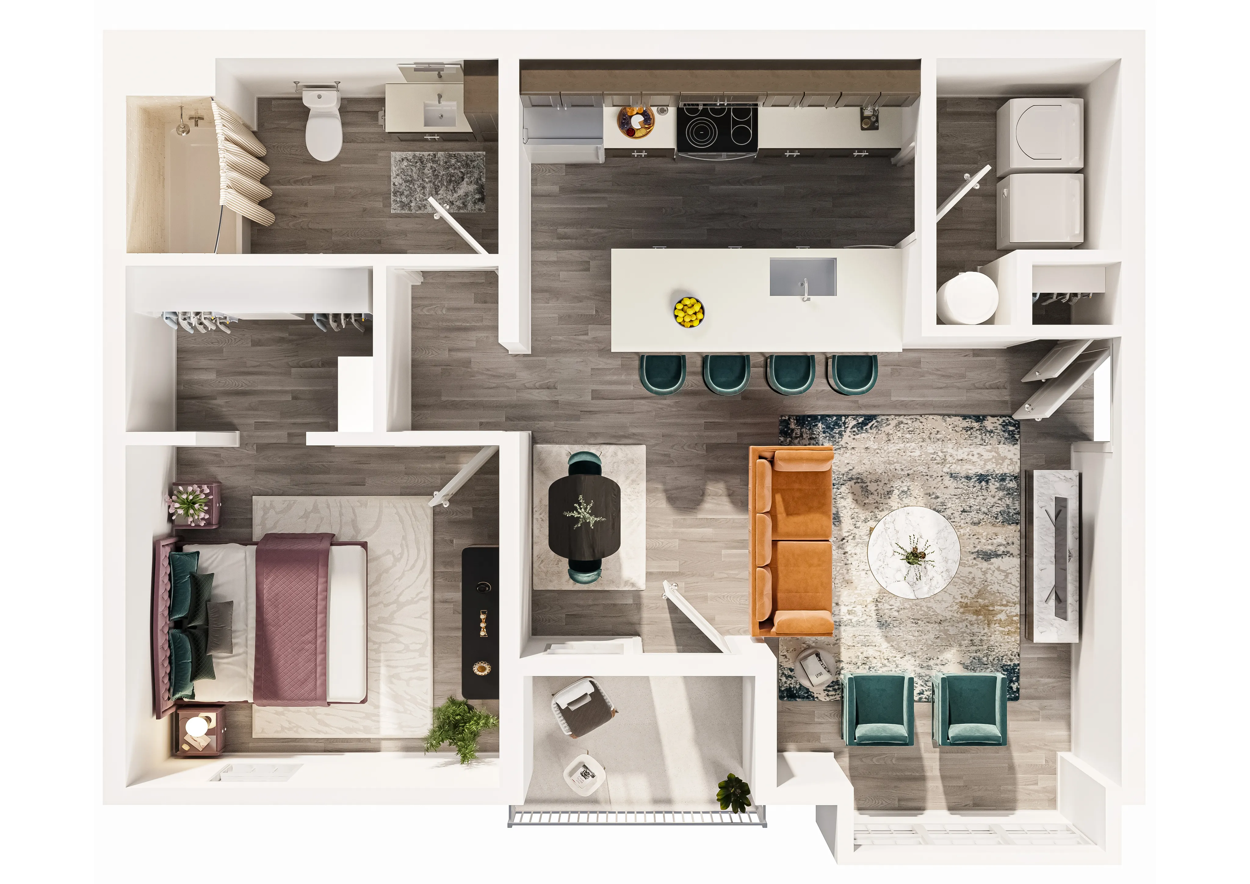 Modern apartment layout showcasing an inviting open-concept kitchen with a large island, stylish living area, cozy bedroom, and convenient laundry space.