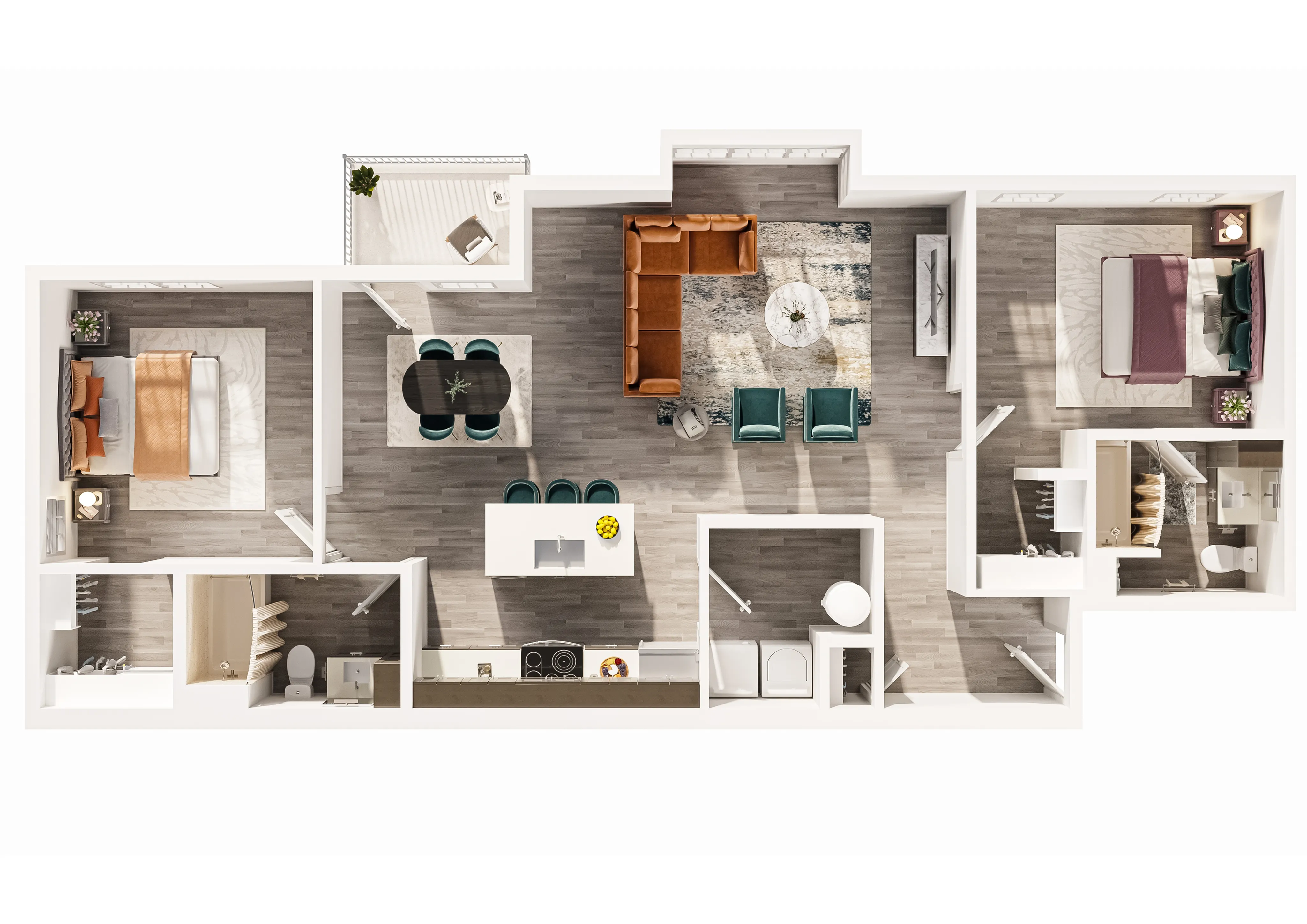 Modern 2D floor plan showcasing 2 spacious bedrooms, open-concept living and dining area, stylish kitchen, and two chic bathrooms with balcony access.