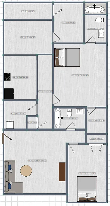 Efficiently designed floor plan showcasing 3 bedrooms, a welcoming living room, modern kitchen, and luxurious bathrooms.