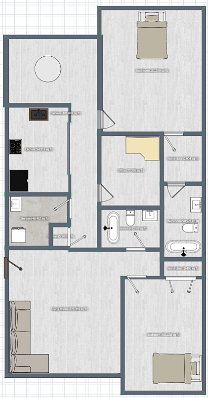 Elegant floor plan showcasing 3 bedrooms, a bright living room, and a modern kitchen, optimized for comfort and style.