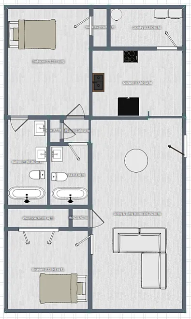Elegant floor plan featuring 2 bedrooms, modern kitchen, open dining and living area, and dual bathrooms with stylish fittings.