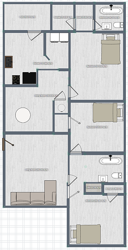 Chic floor plan featuring 3 cozy bedrooms, a generous living area, open dining space, and modern kitchen layout.