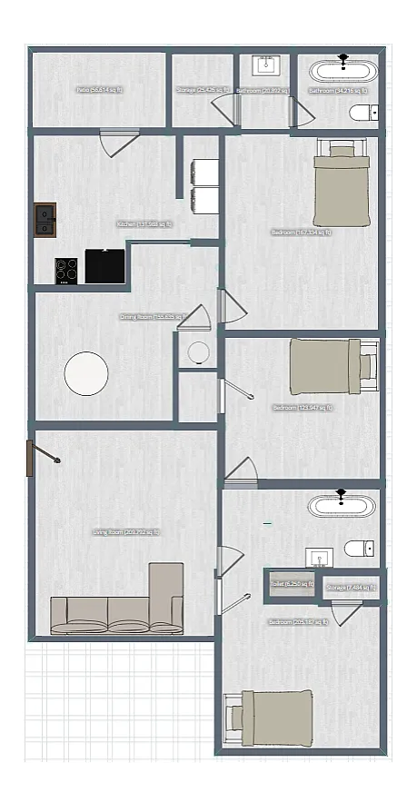 Chic apartment floor plan featuring 3 bedrooms, a spacious living room, modern kitchen, and two elegant bathrooms.