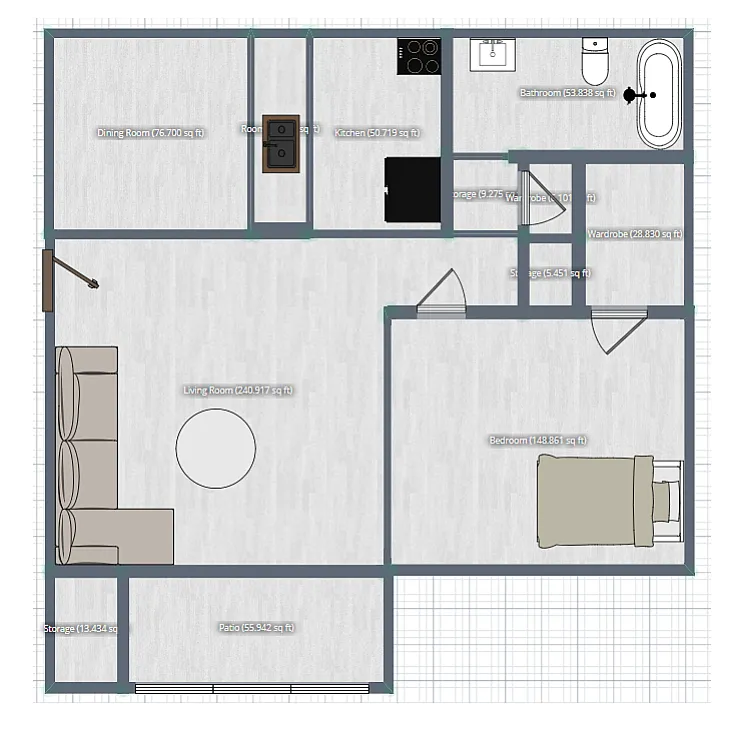 Inviting floor plan featuring a spacious living room, modern kitchen, cozy bedroom, and elegant bathroom with a patio and ample storage space.