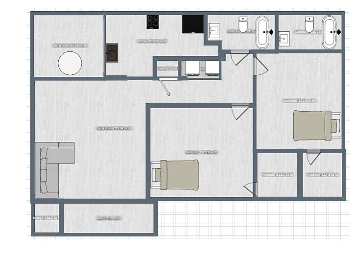 Contemporary floor plan showcasing 2 bedrooms, 2 bathrooms, open living area, modern kitchen, and cozy patio.