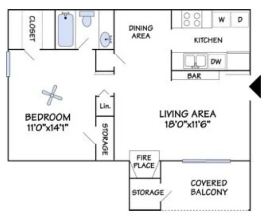 1 bedroom, 1 bath floor plan at Deerfield Apartments in Memphis, TN
