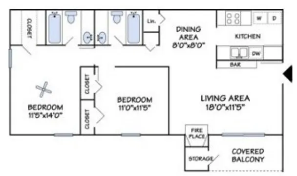 2 bedroom, 2 bath floor plan at Deerfield Apartments in Memphis, TN
