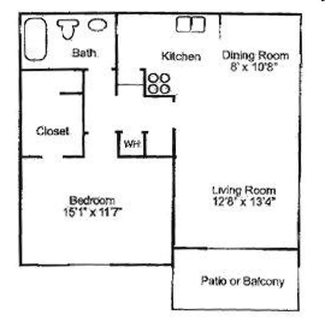 1 bedroom, 1 bath floor plan at Trails at Northpointe in Jackson, MS