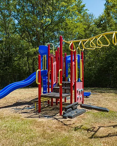 Colorful playground with a blue slide under tall trees at Pines Apartments in Jackson, MS
