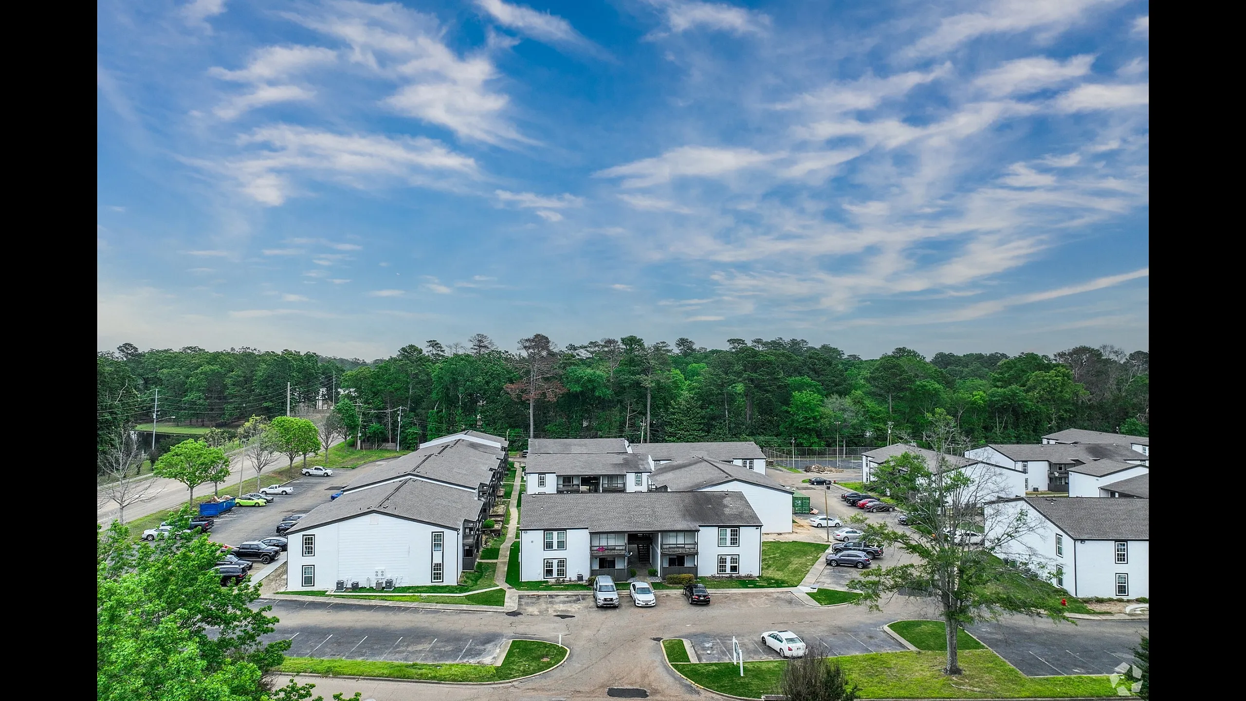 Aerial view of the community framed by pine trees at Trails at Northpointe in Jackson, MS