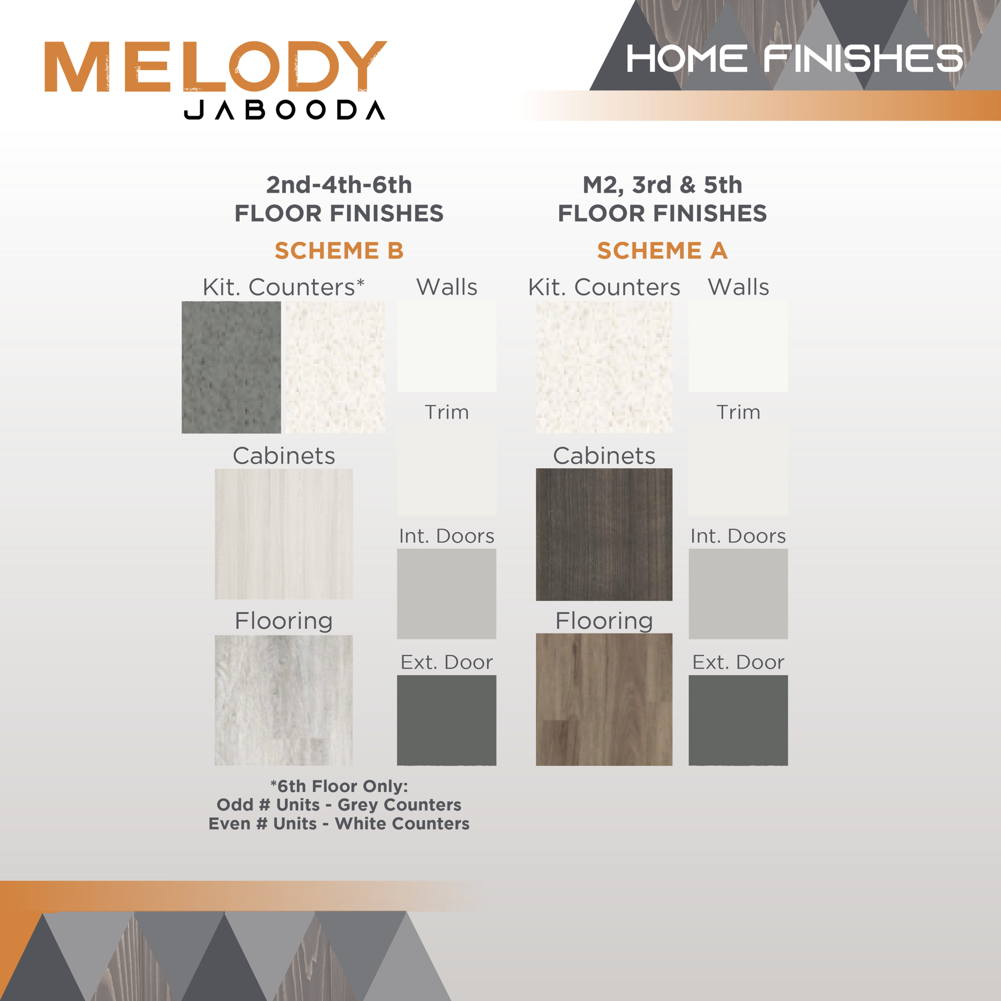Quartz Countertops - Color scheme alternates by floor