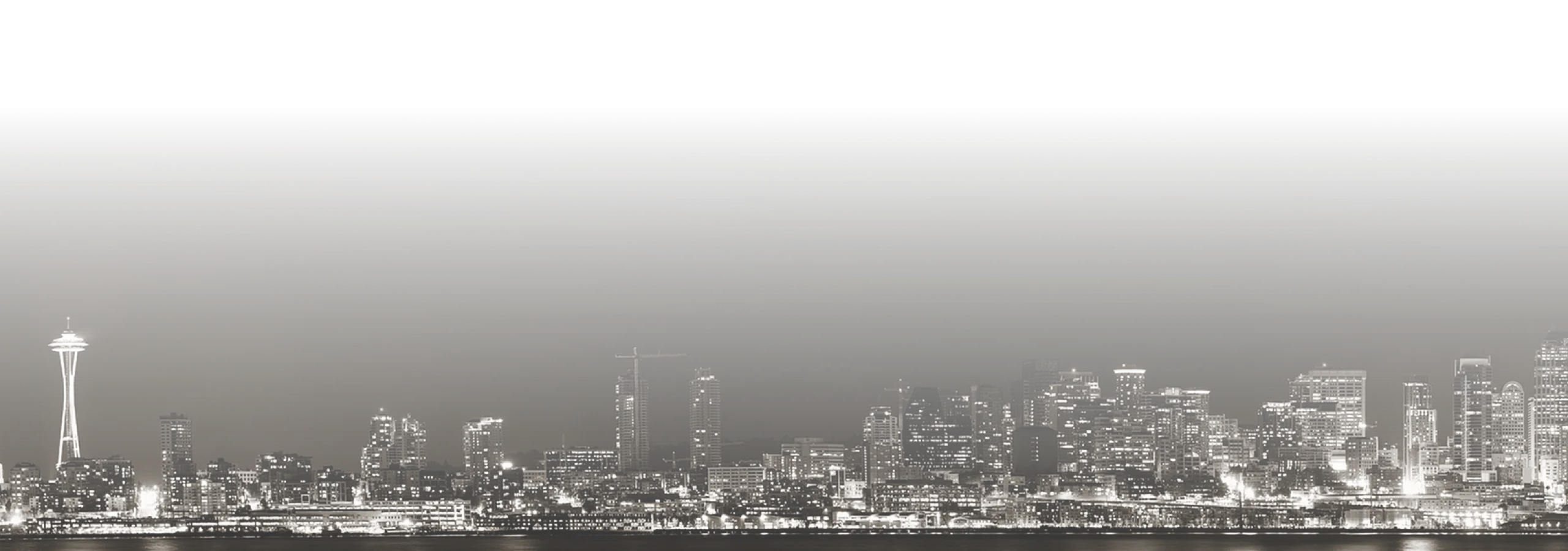 Stunning black-and-white panoramic view of a vibrant city skyline illuminated at night, reflecting elegantly on calm waters.