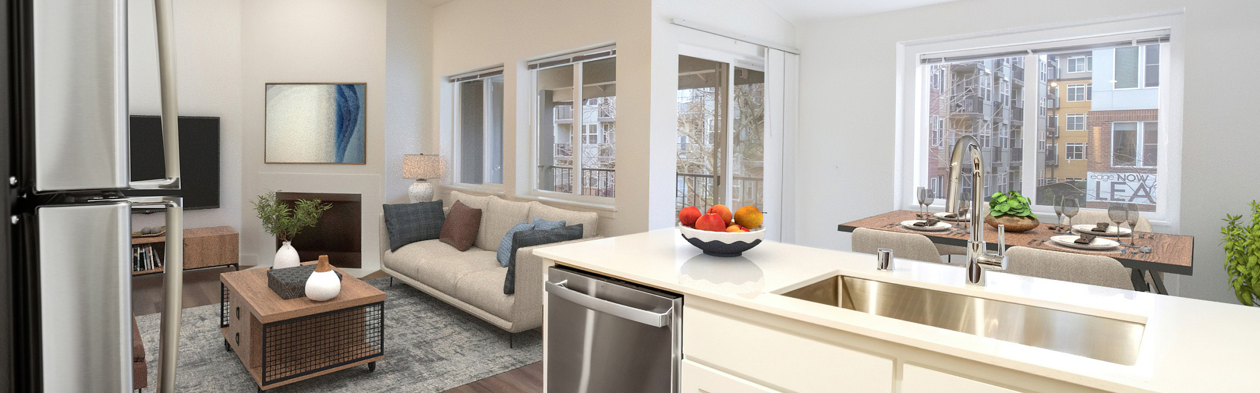 Bright and modern open-concept living space featuring a sleek kitchen, cozy living room, and elegant dining area with large windows.