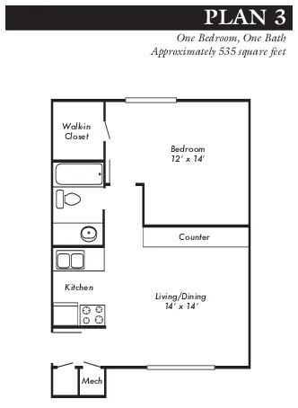 1 Bed 1 Bath Plan 3