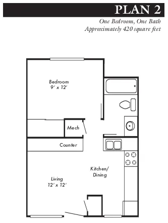 1 Bed 1 Bath with electric paid Plan 2