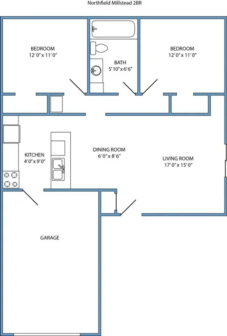 2-Bed, 1-Bath, 1-Story Floorplan