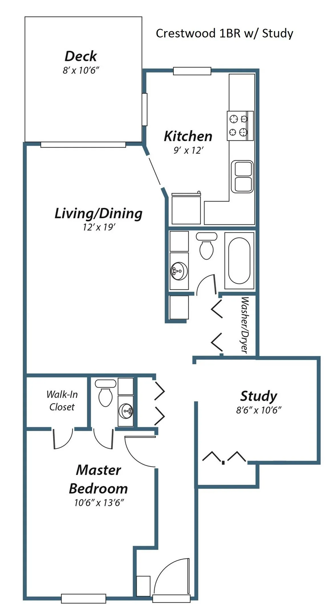 1-bed, 1.5 bath with study