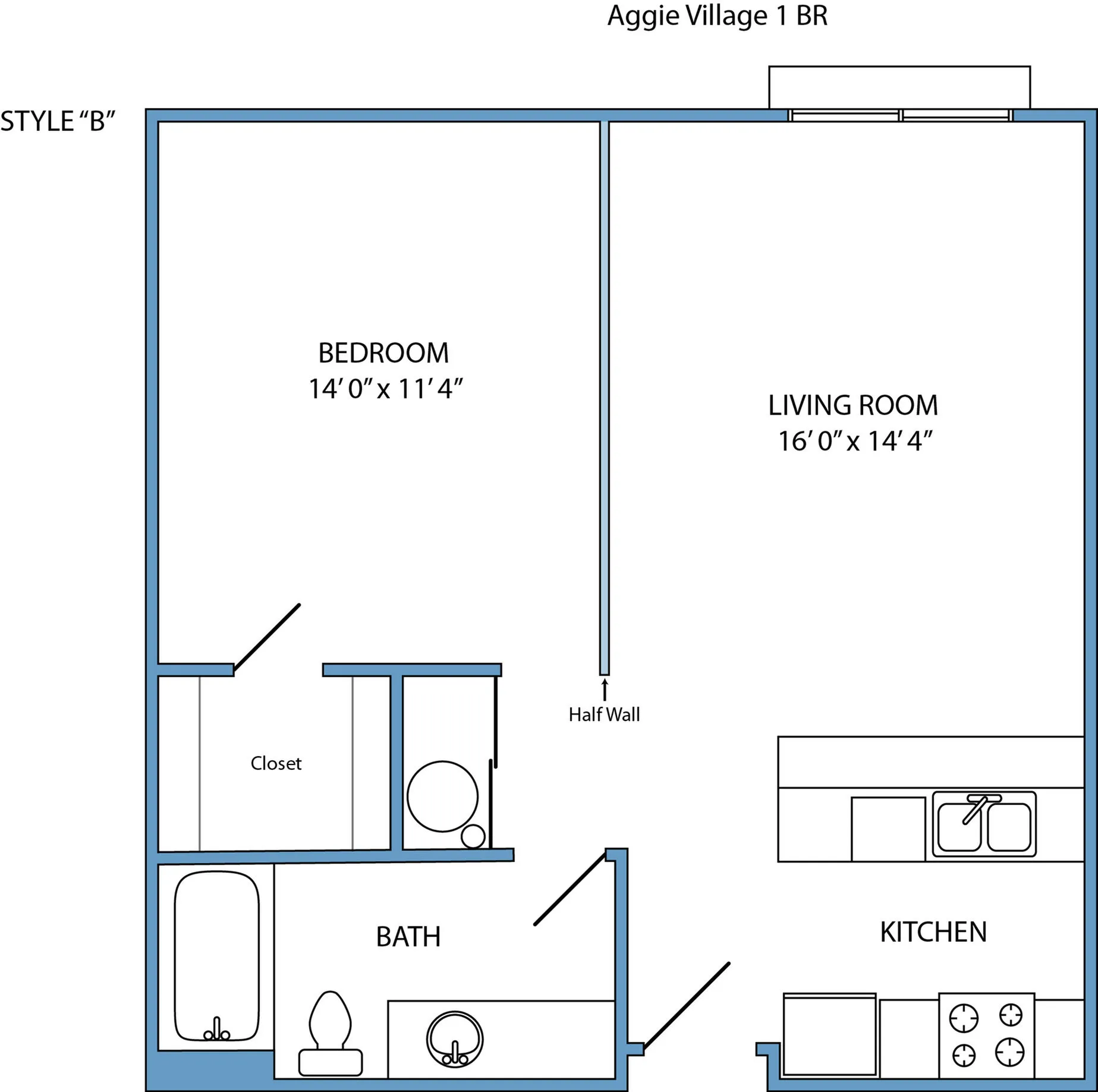 Style B - Studio, 1-bath w/ Half Wall
