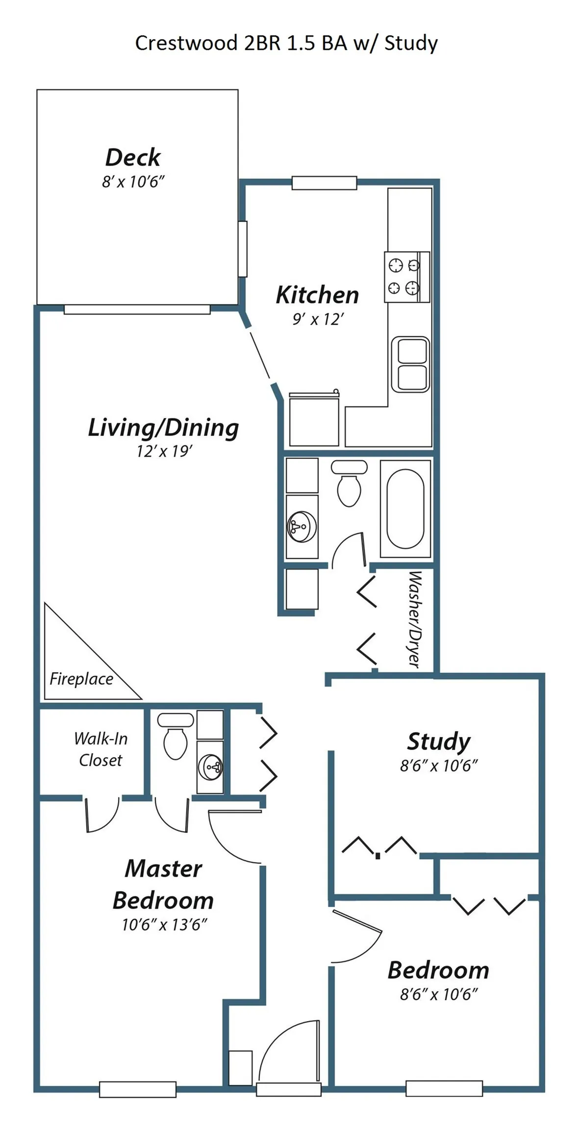 2-bedroom, 1.5-bath with study