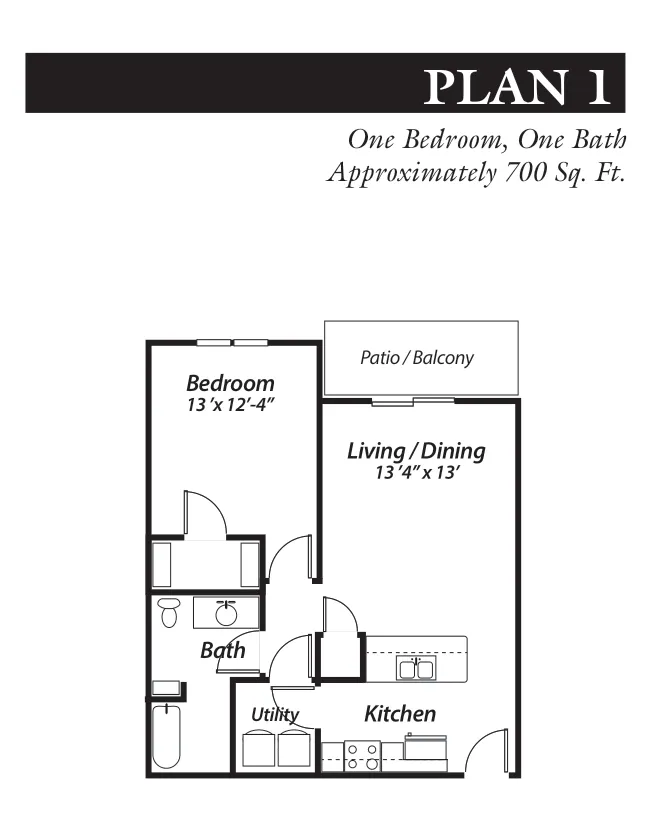 Plan 1, 1-bedroom, 1-bathroom