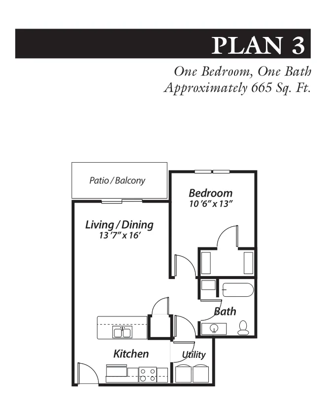 Plan 3, 1-bedroom, 1-bathroom
