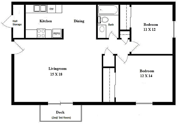 2-bed, 1-bath floorplan