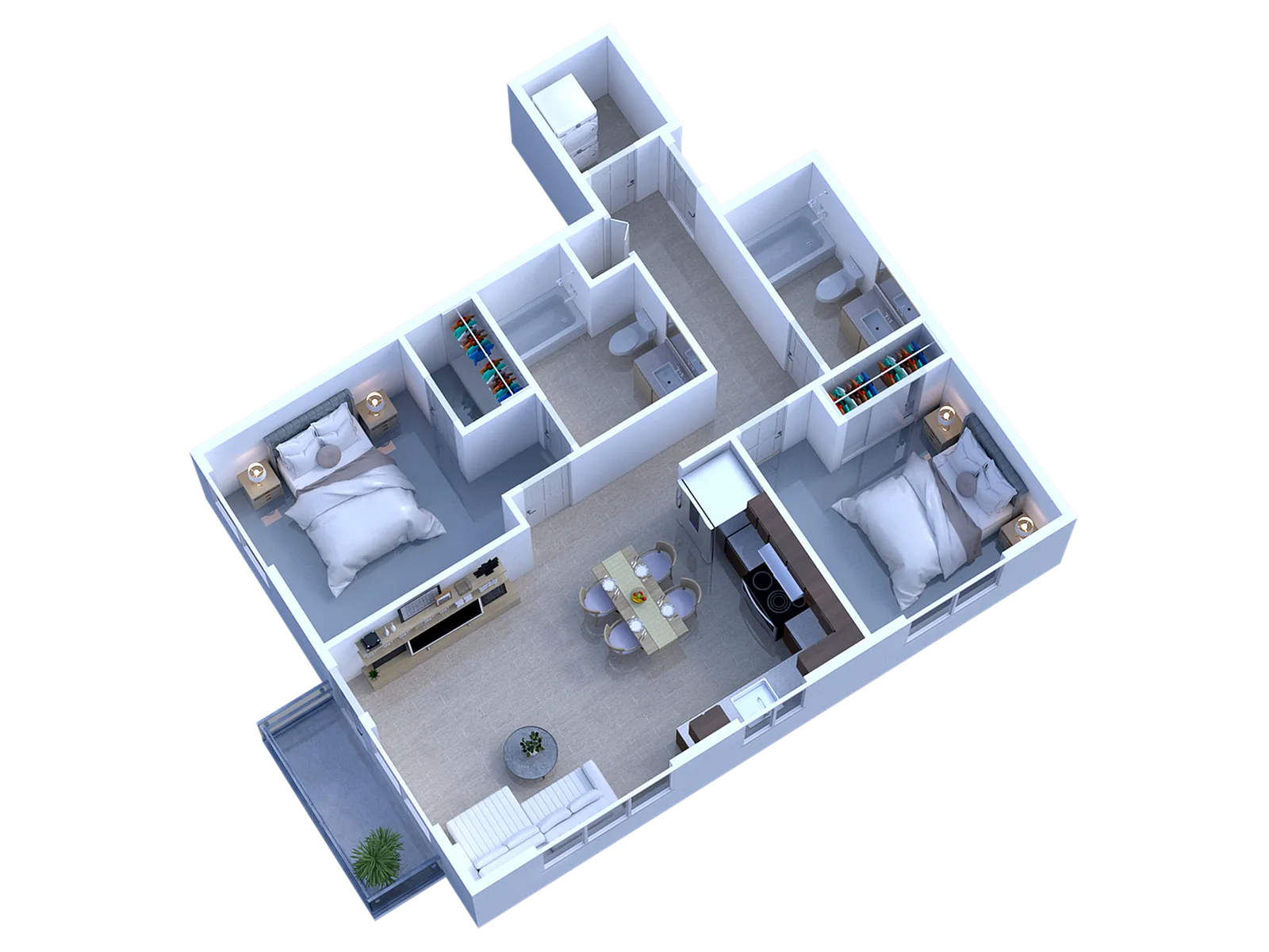 Modern 3D floor plan showcasing 2 bedrooms, a stylish open-concept living and dining area, and a sleek kitchen. Includes two bathrooms and a cozy balcony for relaxing.