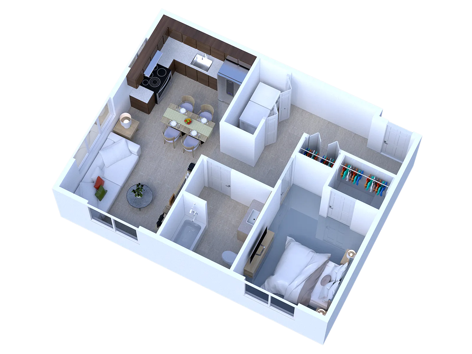 Charming 3D floor plan with one bedroom, a cozy living room, and a modern kitchen, perfect for comfortable living.