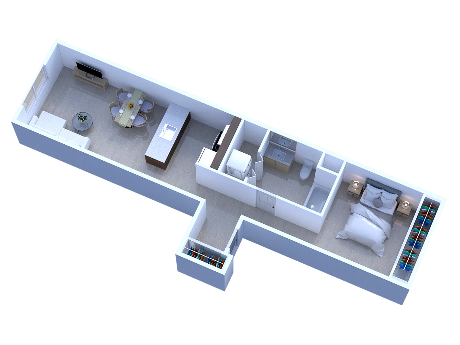 Sleek 3D floor plan showcasing a contemporary studio apartment with an open-concept living and dining area, modern kitchen with island, cozy bedroom, and a spacious bathroom, ideal for urban living.
