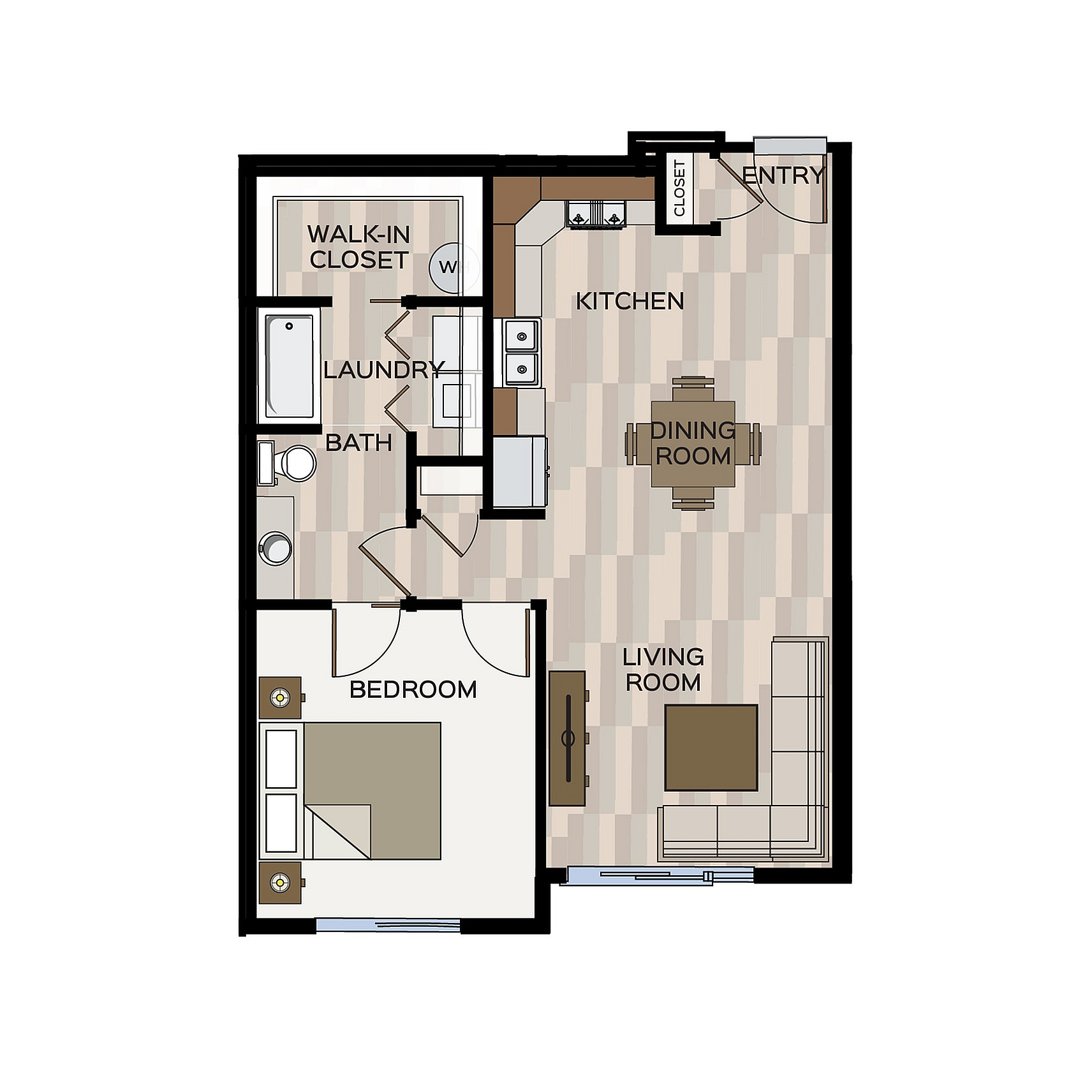 Charming one-bedroom apartment floor plan showcasing an open kitchen, cozy living room, and dedicated dining area. Includes a spacious bathroom, walk-in closet, and in-unit laundry for modern convenience.