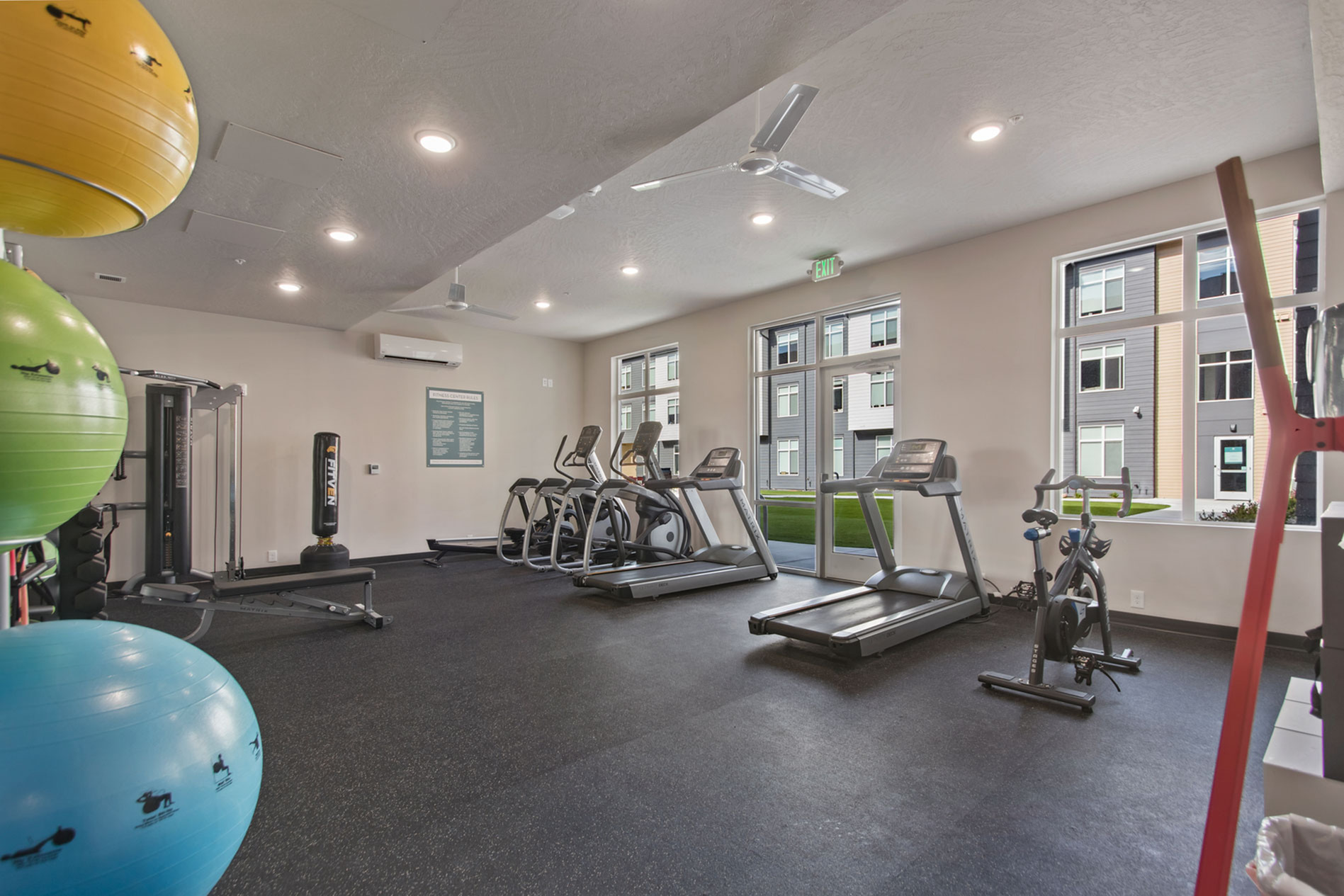 Modern gymnasium featuring cardio machines, bright yoga balls, and expansive windows with natural light.