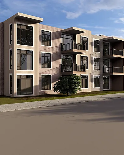 Contemporary three-story apartment complex surrounded by greenery, featuring modern architecture with large windows and balconies.