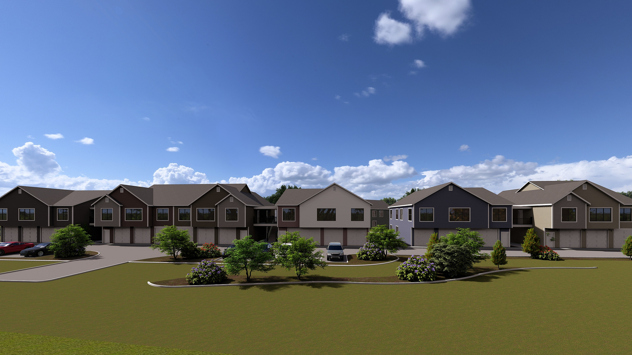 Charming row of modern townhouses under a bright blue sky, surrounded by lush landscaping and ample parking.