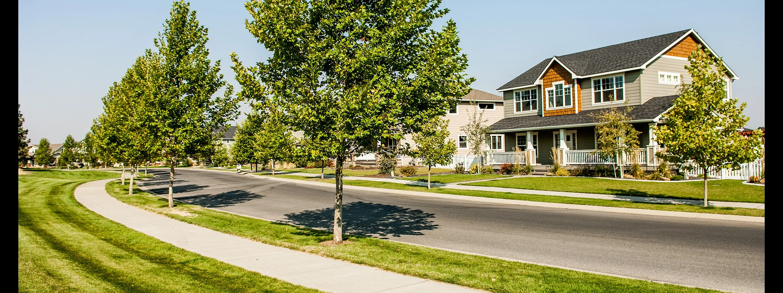 Charming suburban neighborhood featuring a modern two-story house with a porch, surrounded by lush green lawns and young trees lining a curved sidewalk.