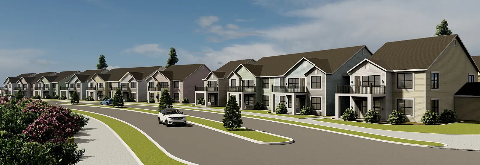 Charming suburban neighborhood street view featuring modern two-story homes with well-manicured lawns and scenic sidewalks, under a clear blue sky.