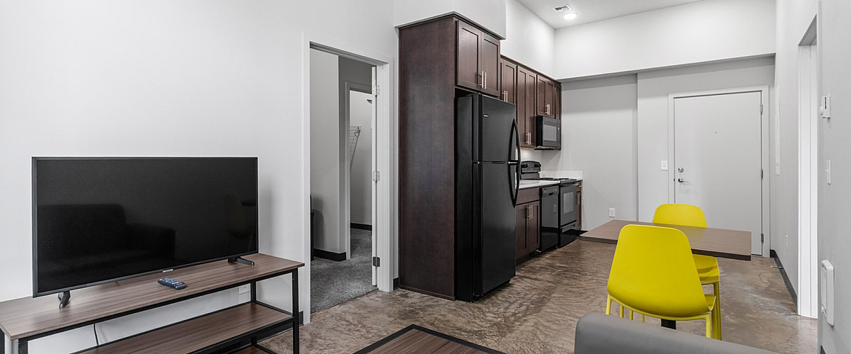 Modern apartment living space featuring sleek kitchen with stylish dark cabinets, cozy living area, and contemporary furnishings.