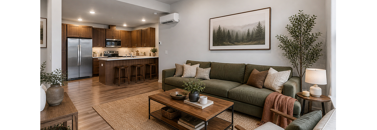 Modern open-concept living room with elegant kitchen, featuring a cozy green sofa, stylish wooden flooring, and warm ambient lighting.