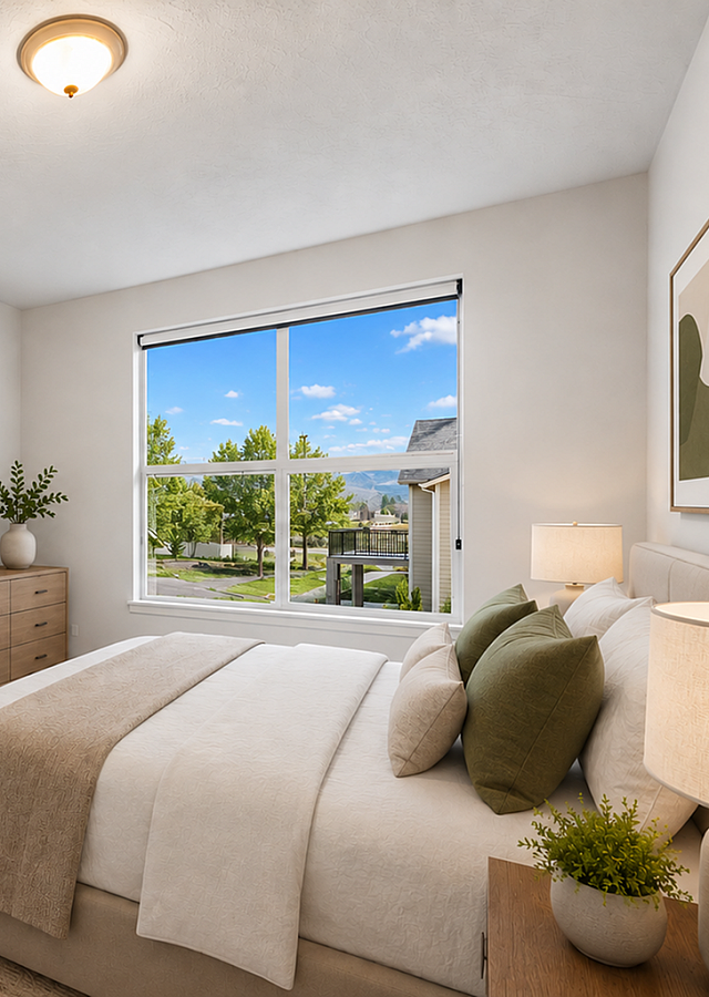 Elegant bedroom with large window view, modern decor, and ensuite bathroom.