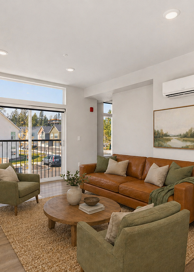 Bright and inviting living room with large windows, modern decor, cozy seating, and a scenic view outside.
