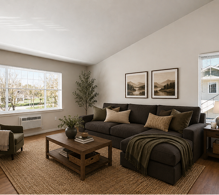 Bright and inviting living room with a large window view, stylish decor, and cozy seating area.
