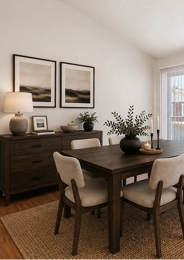 Elegant dining area with a natural wood table, comfortable seating, and serene decor, bathed in natural light from large sliding doors.