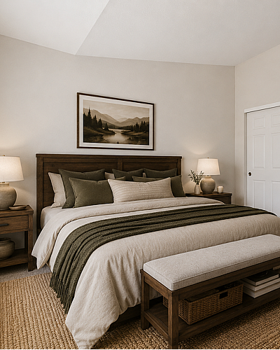Cozy bedroom with elegant wooden furniture, featuring a king-sized bed with plush pillows and a serene landscape painting.