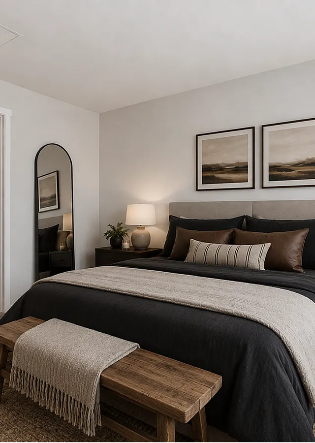 Elegant bedroom featuring a cozy bed with plush pillows and a stylish throw, ambient lighting from bedside lamps, and an organized walk-in closet, creating a serene and inviting atmosphere.