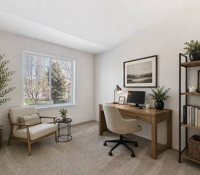 Sophisticated home office with stylish desk, comfortable seating, and abundant natural light from large window.