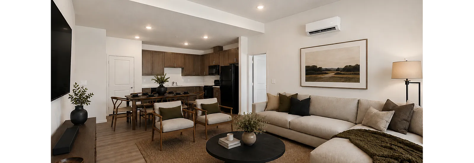 Elegant open-concept living room with modern decor, featuring a cozy sectional sofa, stylish armchairs, and a sleek kitchen in the background.
