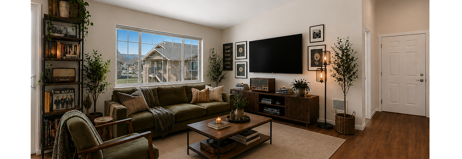 Chic living room with a modern design, featuring a large sectional sofa, stylish decor, and abundant natural light from a wide window view.