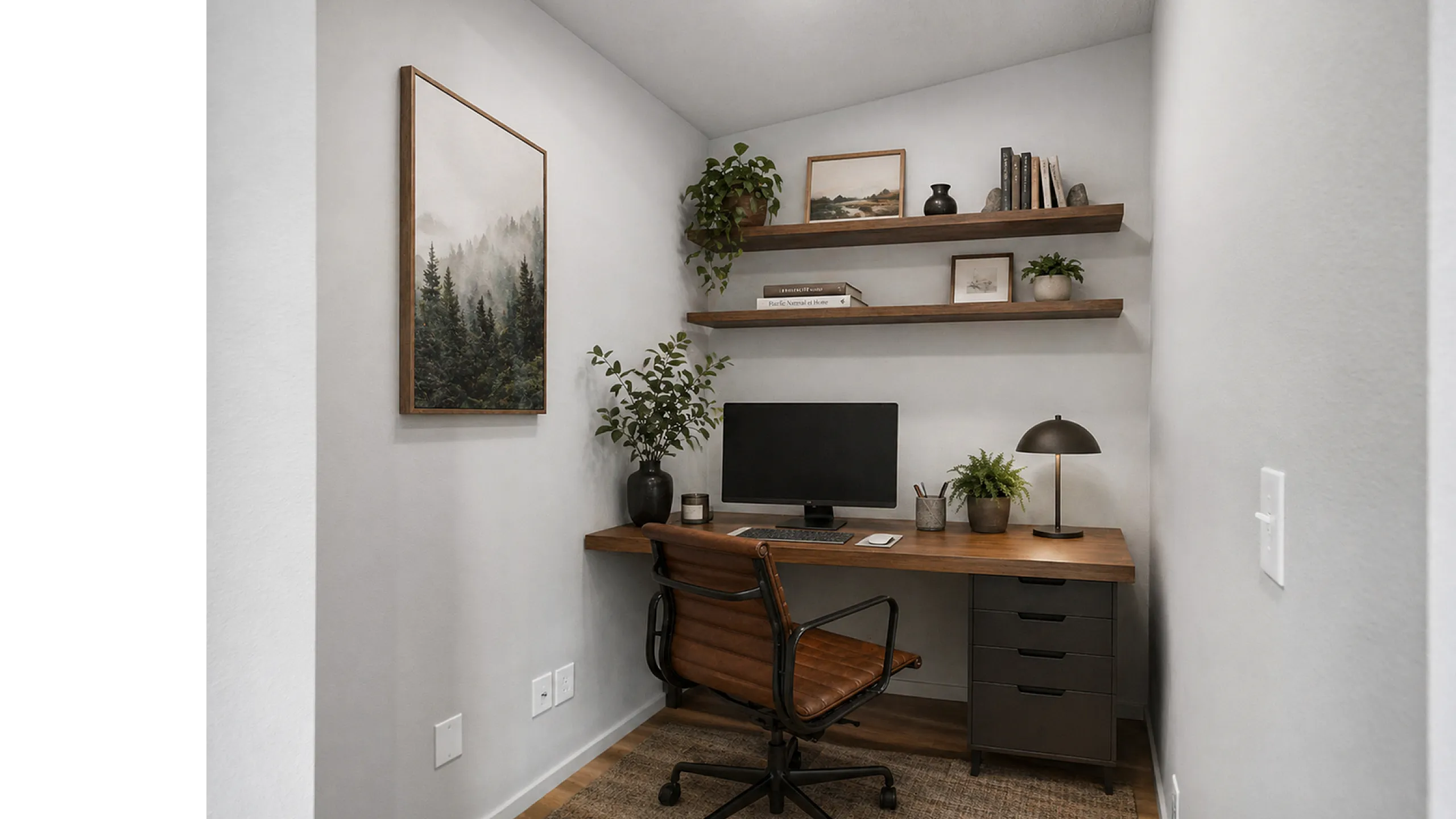 Cozy home office nook with minimalist decor, featuring a sleek wooden desk, elegant shelving with books and plants, and a comfortable leather chair.