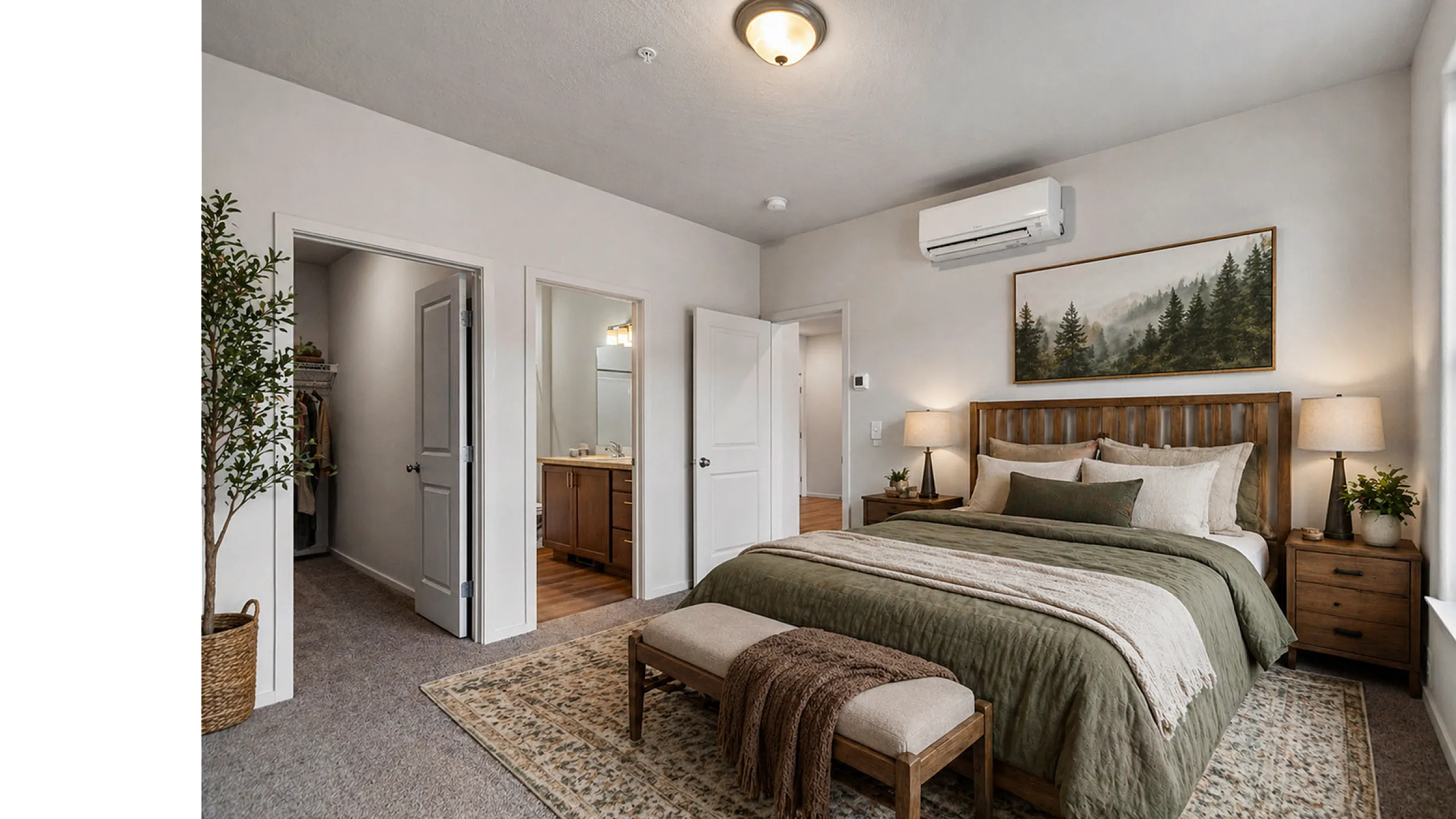 Elegant bedroom with a cozy green bedding set, stylish wooden furniture, and nature-themed artwork, featuring an en-suite bathroom and a walk-in closet.
