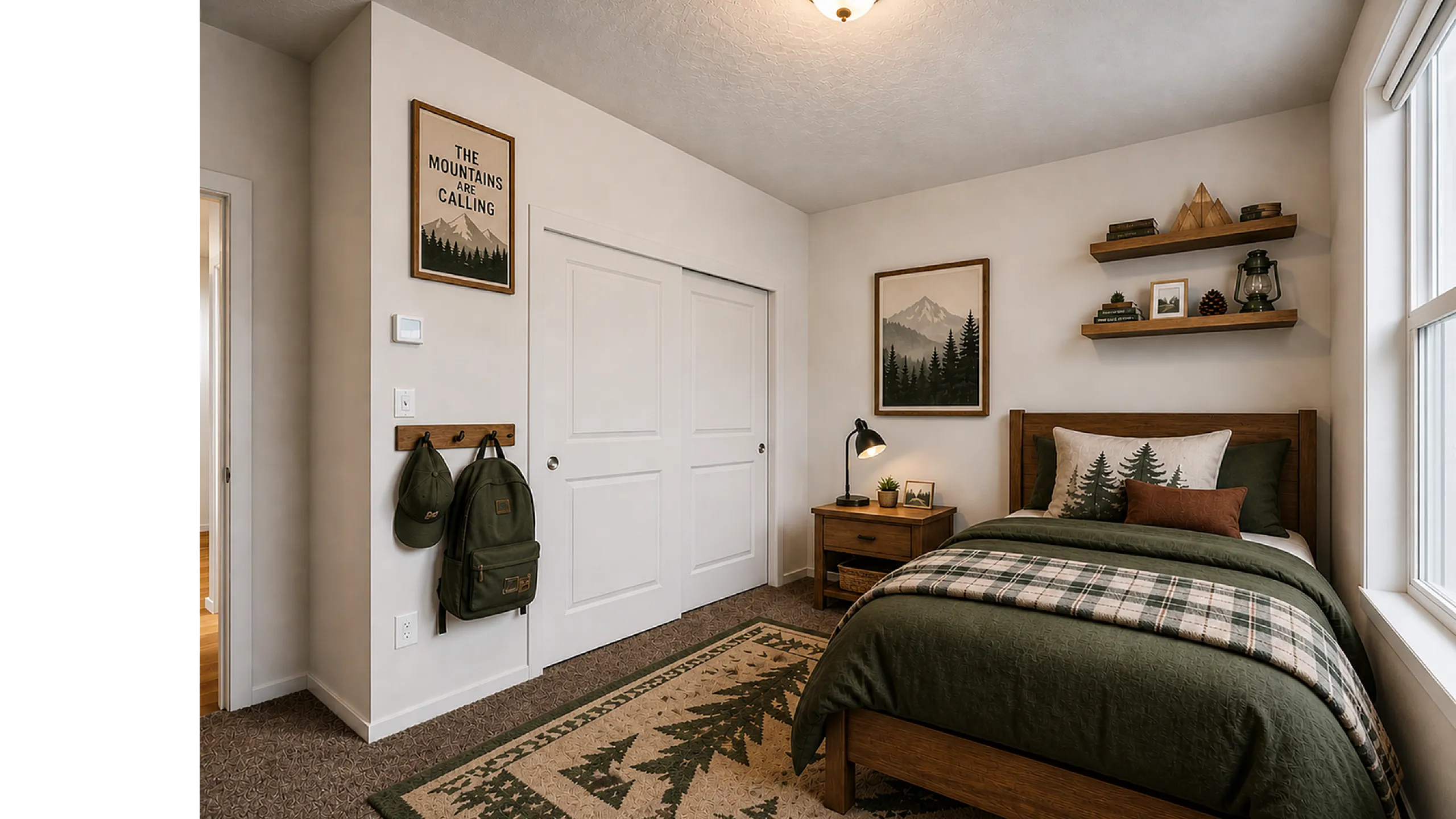 Cozy bedroom with rustic decor, featuring forest-themed bedding and art, a wooden bed frame, and double door closet.
